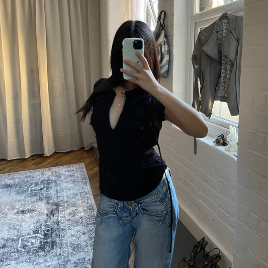 grunge sleaze corpcore cache cache black short sleeve sailor button top