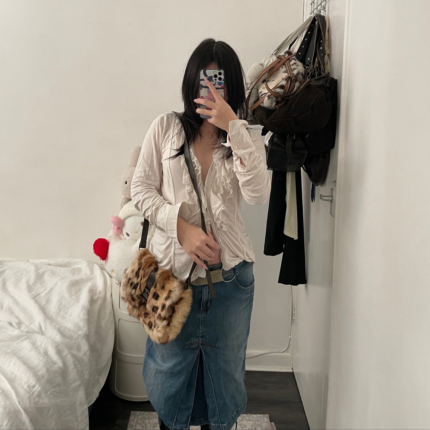 vintage gyaru gal leopard print rabbit fur x leather buckle crossbody bag