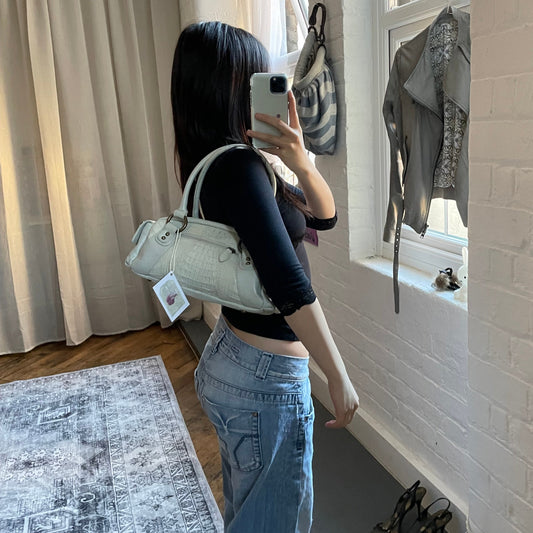 vintage montana paris off white leather crocodile embossed shoulder bag