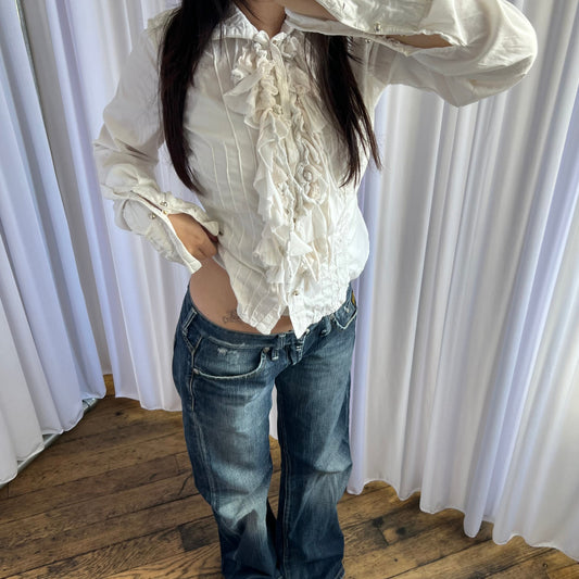 Eurosummer Western Celyn B White High Neck Ruffle Panelled Long Sleeve Blouse