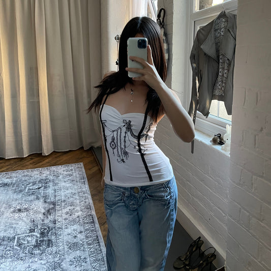 white black killah x miss sixty ornamental graphic lacey strap camisole