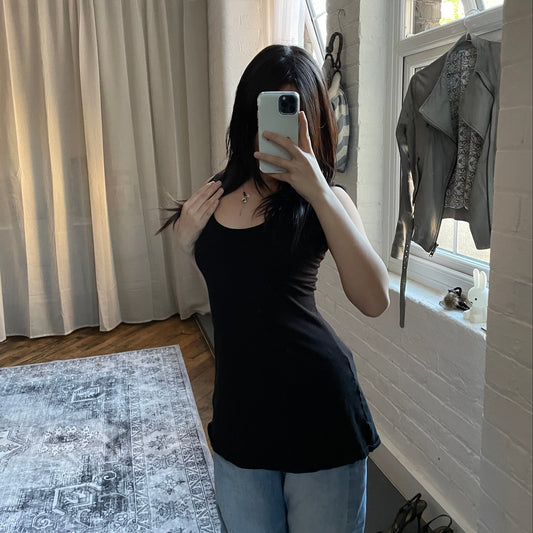 vintage black hooded archival open lace up back tunic vest/mini dress