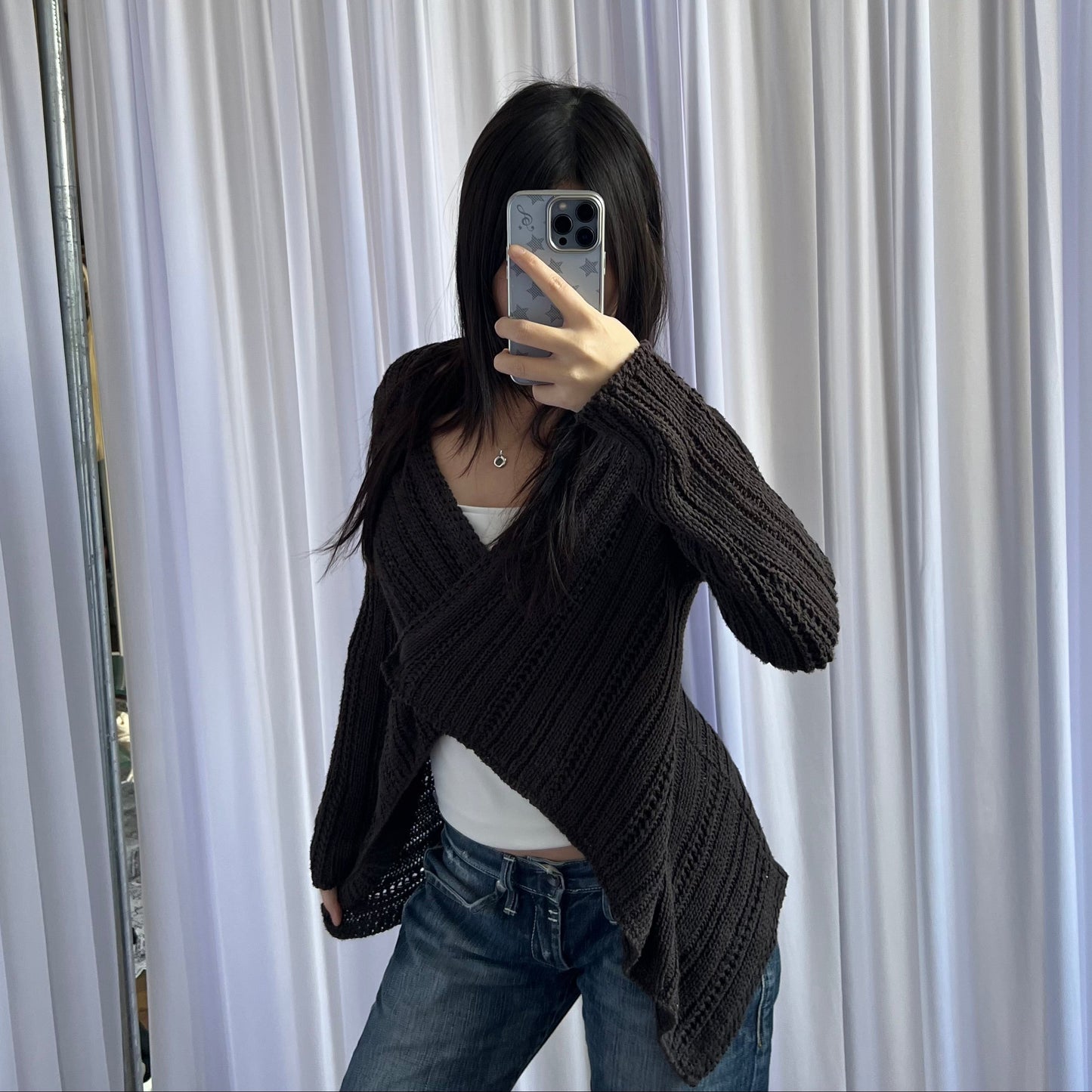 Brown Ribbed Cache Cache Asymmetric Wrap Crop Waterfall Hem Knit Cardigan