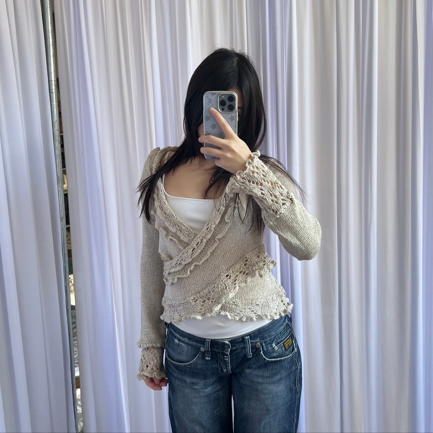 Vintage Beige Sharois Frilly Fine Lacey Knit Trim Wrap Style Knit Top