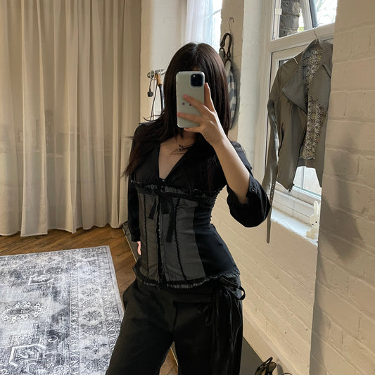 siste's balletcore romantic black striped 3/4 sleeve waist ribbon fitted blouse