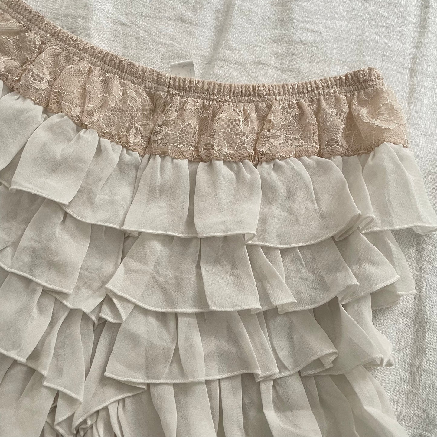coquette white sheer ruffle tiered beige lace waistband bloomer shorts