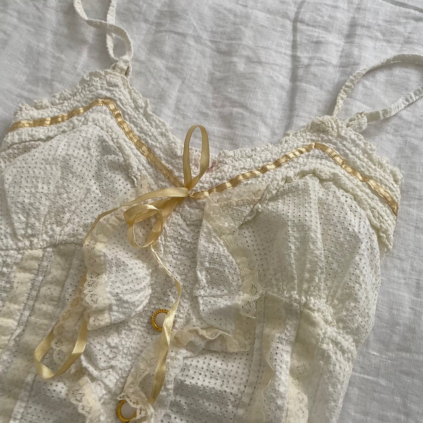 ladies* cream white camisole with ruffle and gold/cream satin ribbon detail