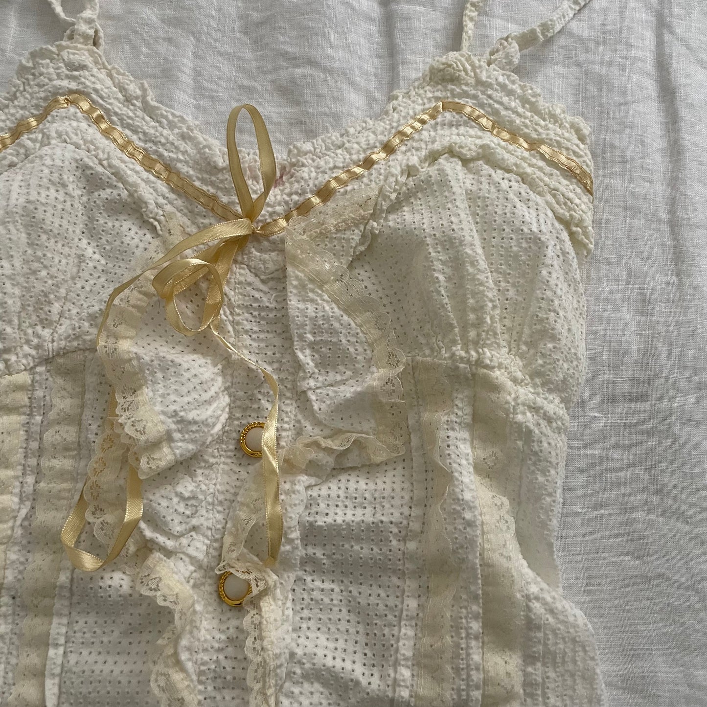 ladies* cream white camisole with ruffle and gold/cream satin ribbon detail