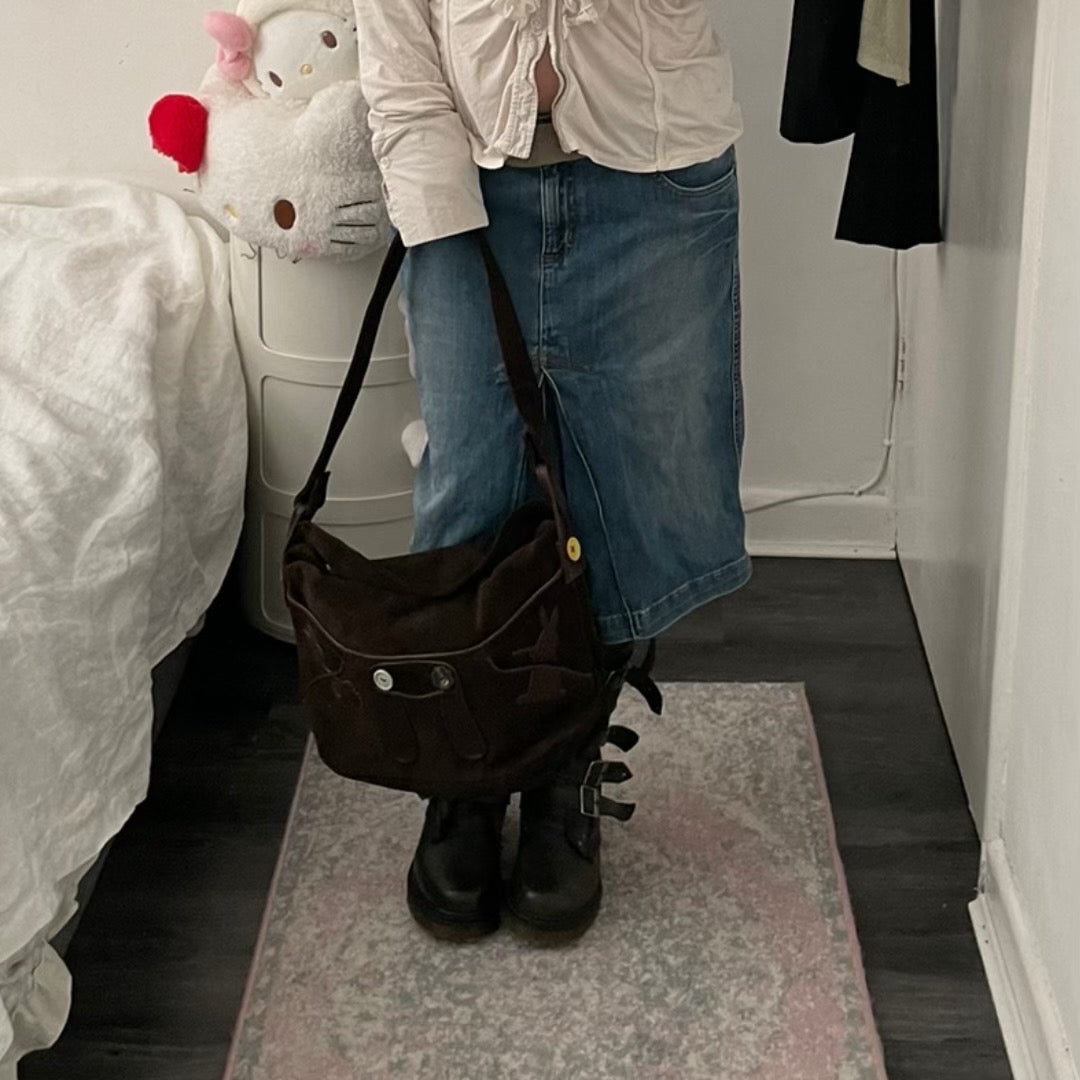 vintage marni brown suede rabbit design shoulder bag with cute mixed button detail