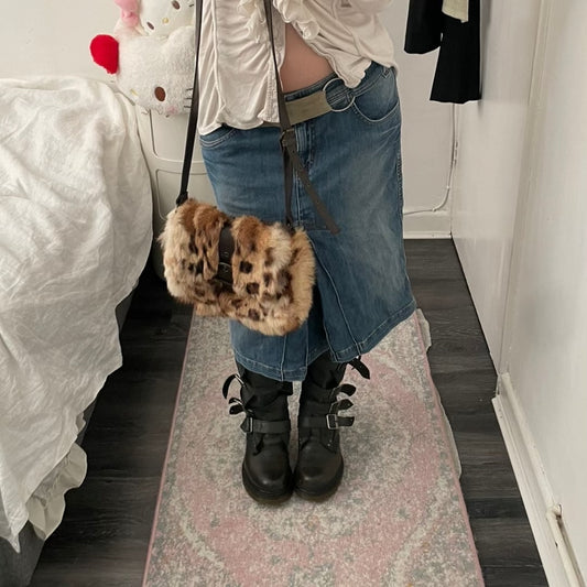 vintage gyaru gal leopard print rabbit fur x leather buckle crossbody bag