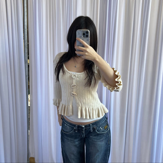 Romantic Nanette Lepore Cream Crop Rosette Ruffle Hem Cardigan Top