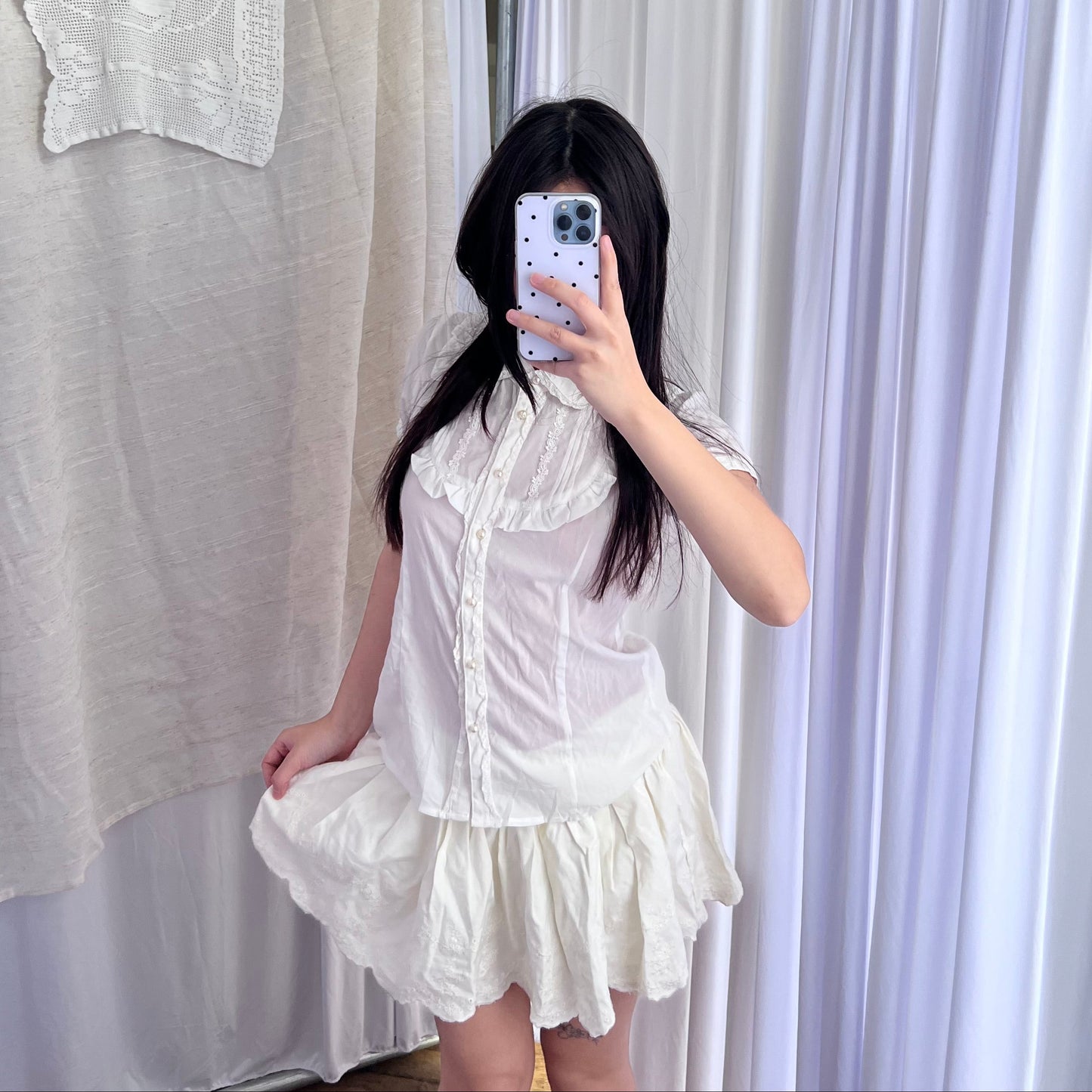 Ank Rouge White Dainty Coquette Cottage Puff Sleeve Pearl Button Frill Milkmaid Blouse