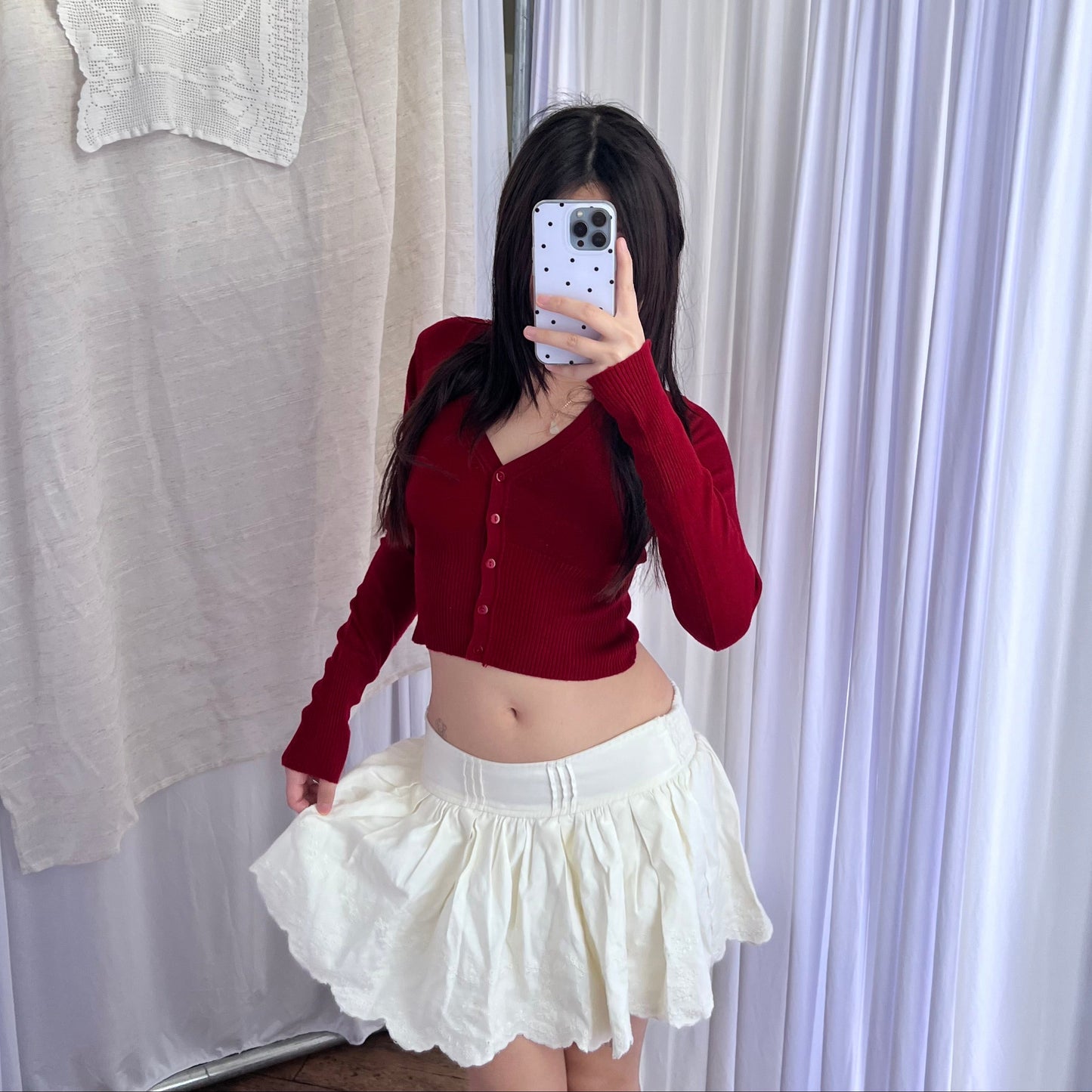 Dark Red Vintage Ishika Long Sleeve Crop Cardigan