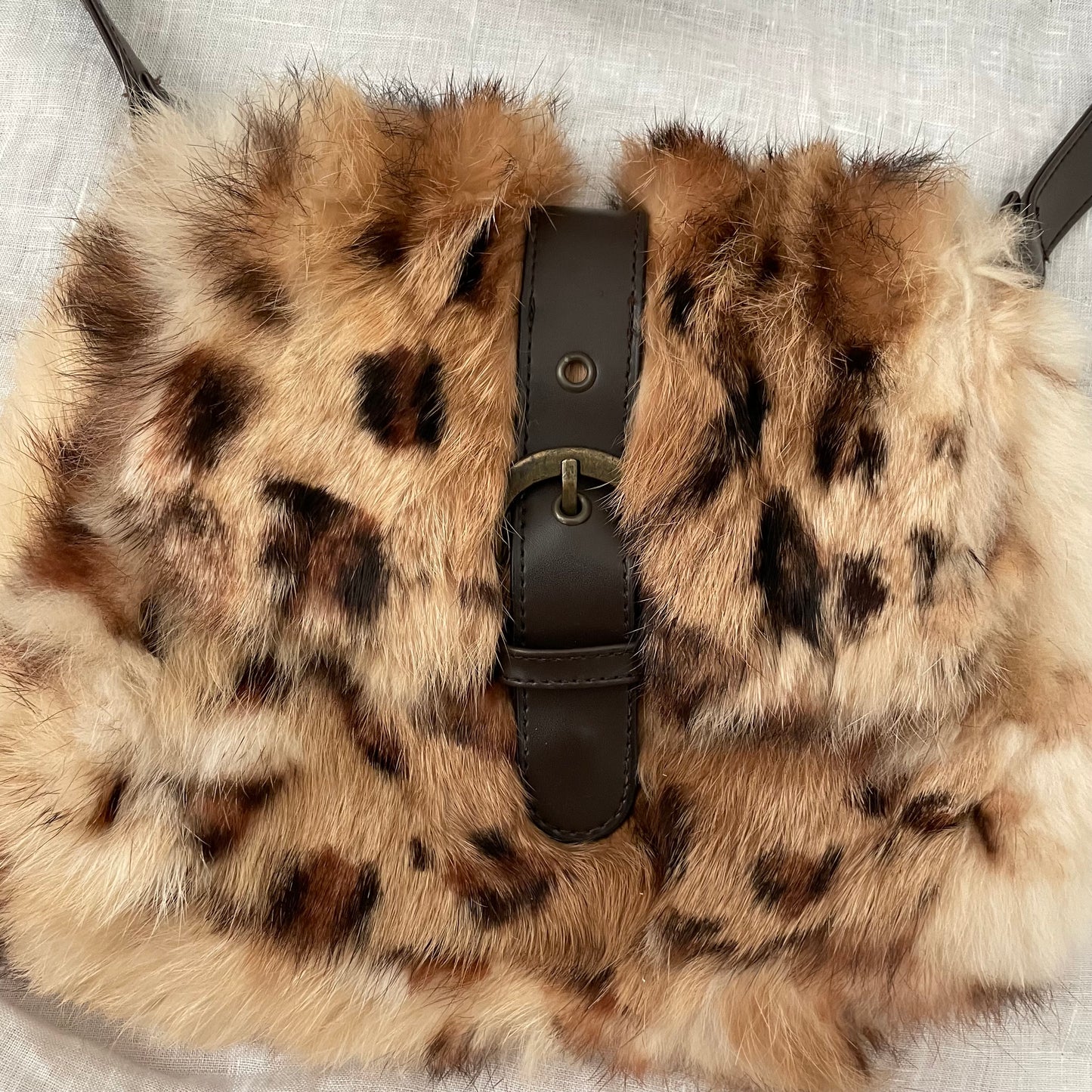 vintage gyaru gal leopard print rabbit fur x leather buckle crossbody bag