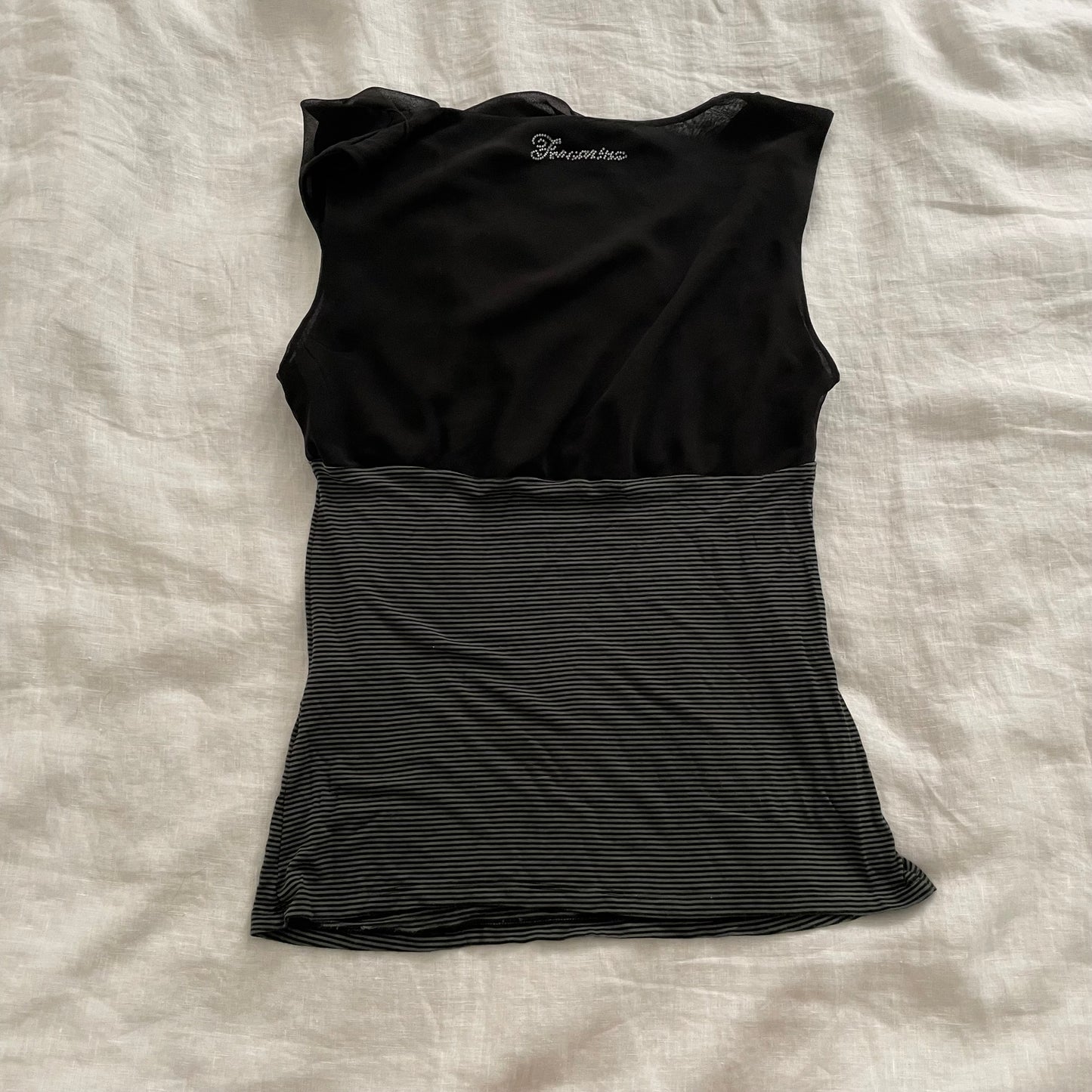 fornarina black teal draped striped sleeveless top