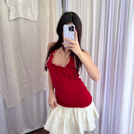 Coquette Floral Print Ruffle Red Halter Neck Top