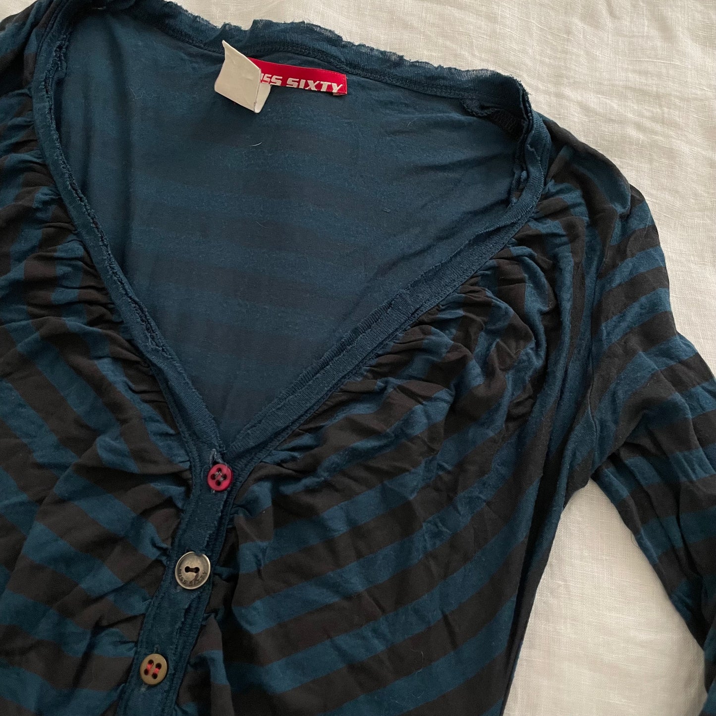 miss sixty grunge sleaze striped teal black v neck ruched mix button fitted long sleeve top