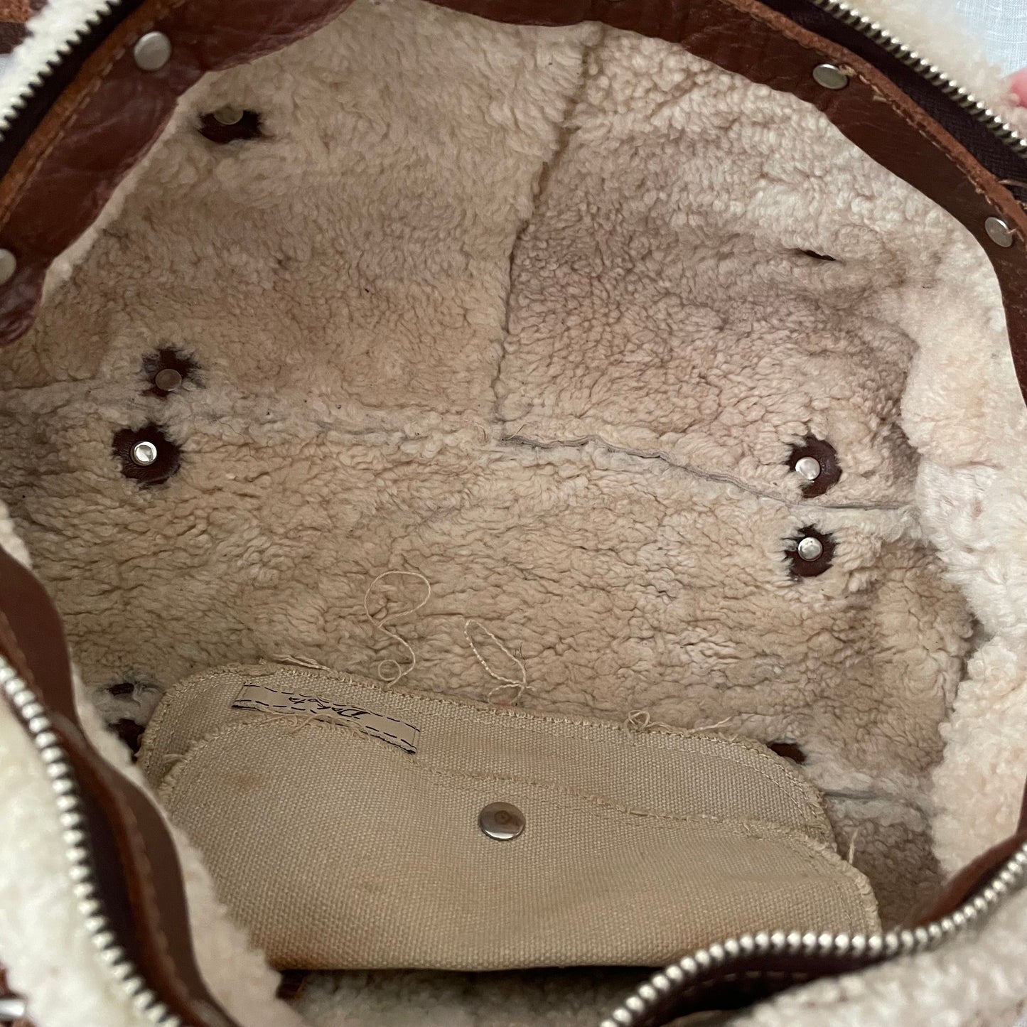 vintage dakota beige brown faded leather sherpa handbag with brown leather buckle detail
