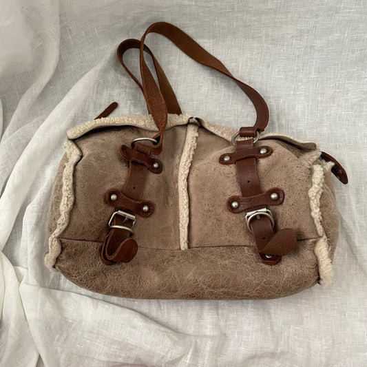 vintage dakota beige brown faded leather sherpa handbag with brown leather buckle detail