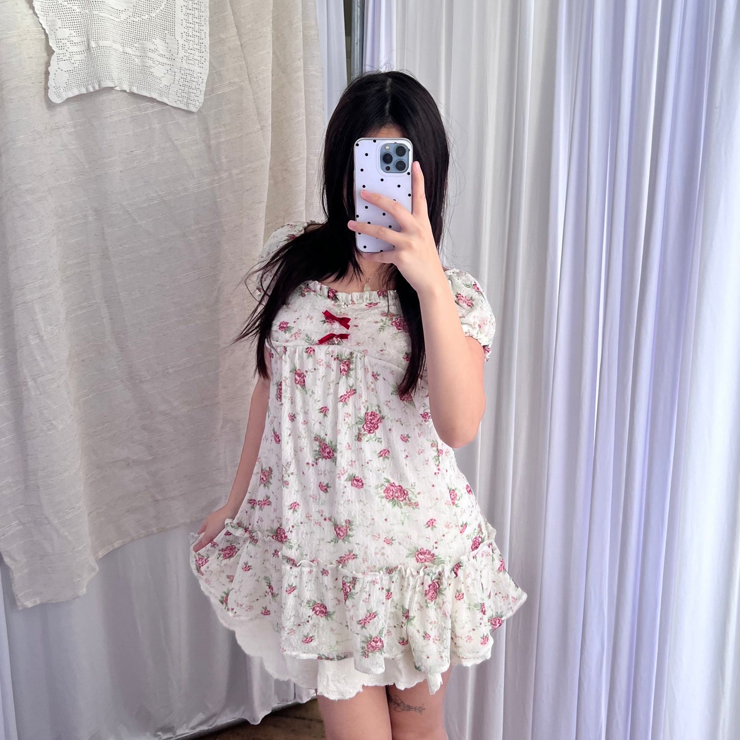 Coquette Floral White Ruched Glacier Cottage Puff Sleeve Babydoll Tunic Blouse