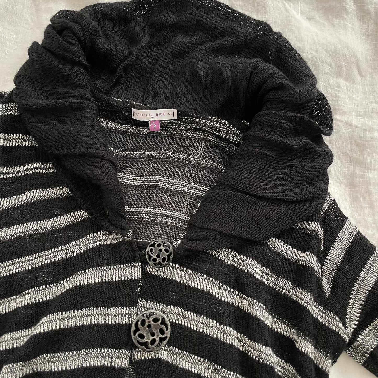 grunge sleaze patrice breal black grey striped ornamental button accents knit cardigan