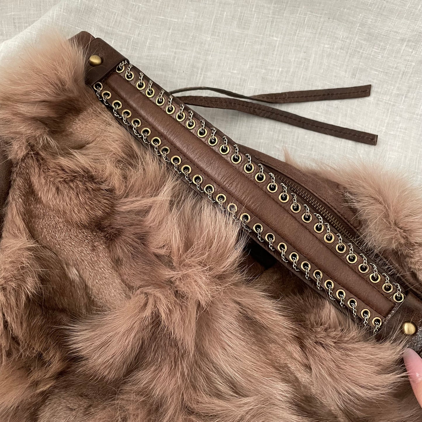 grace continental fluffy fox fur brown leather bronze grommet strap slouchy shoulder bag