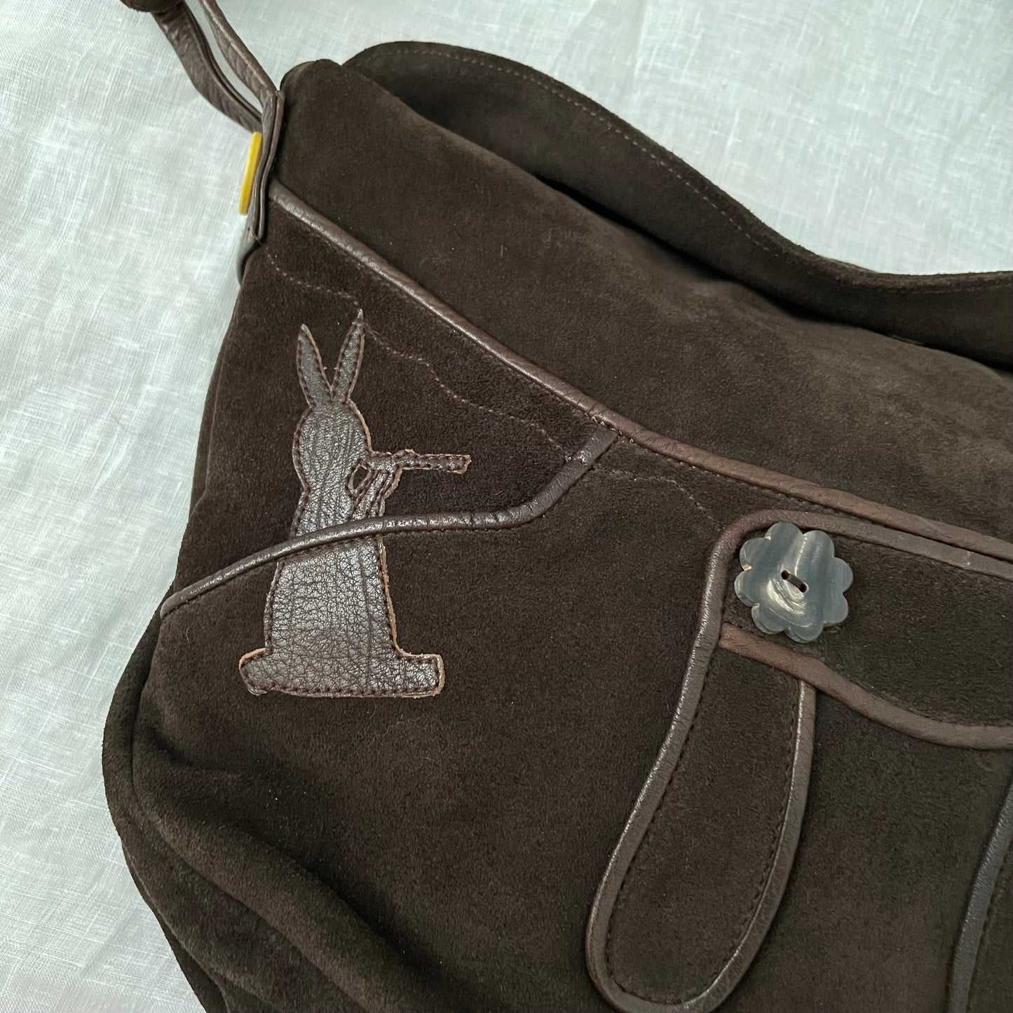 vintage marni brown suede rabbit design shoulder bag with cute mixed button detail