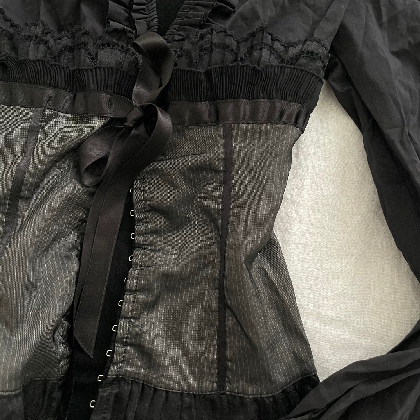 balletcore blue star black blouse pinstripe ruffle lace and ribbon corset hook and eye top