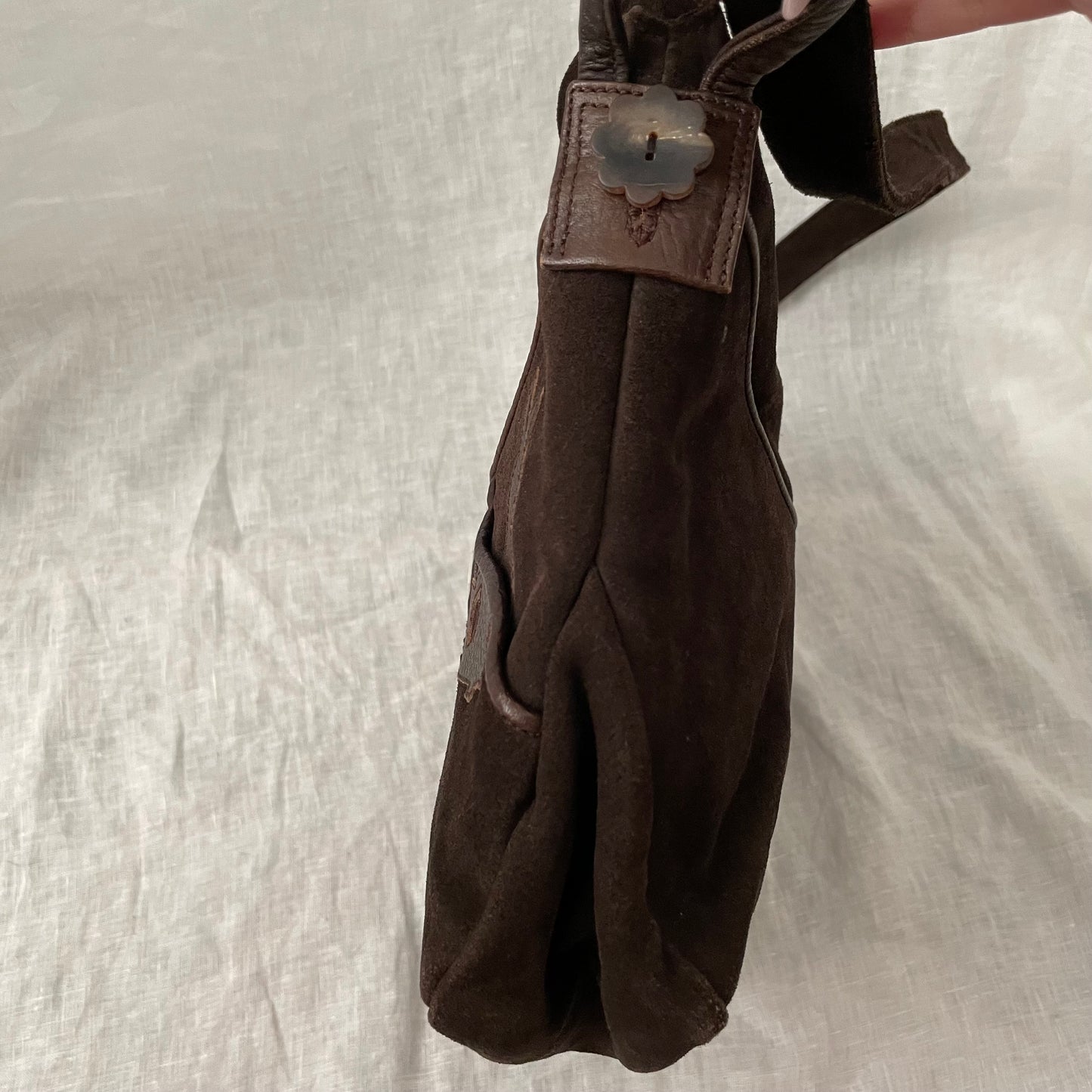 vintage marni brown suede rabbit design shoulder bag with cute mixed button detail
