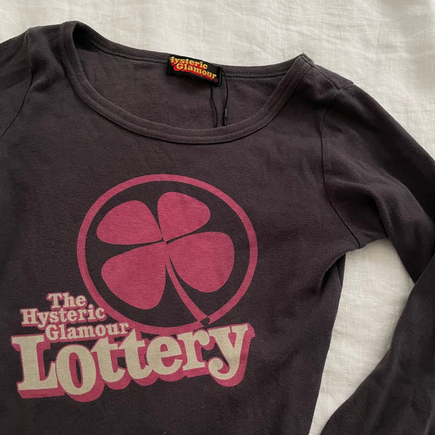 hysteric glamour 90s vintage faded purple long sleeve clover pink lottery graphic top