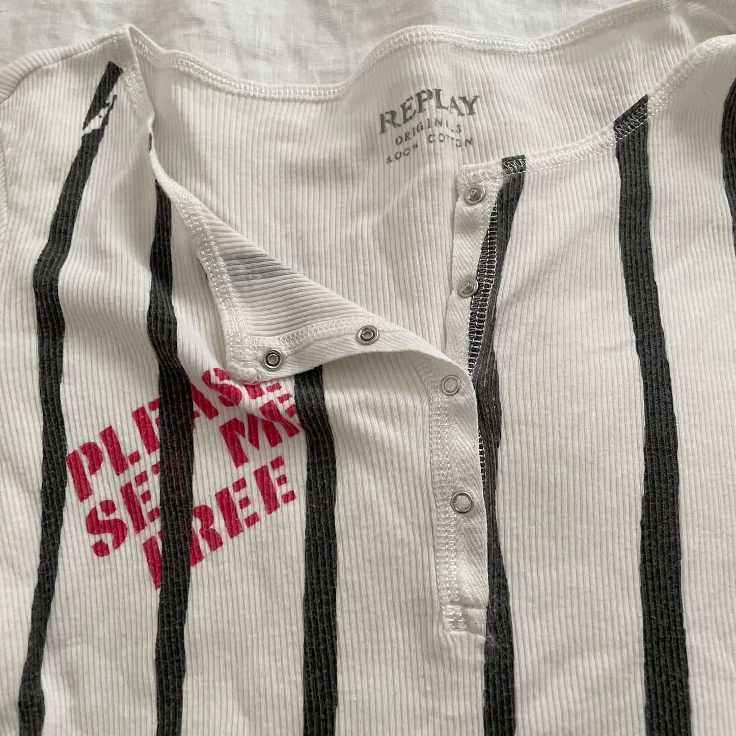 preppy y2k replay white black striped wide neck 3/4 sleeve red graphic shirt