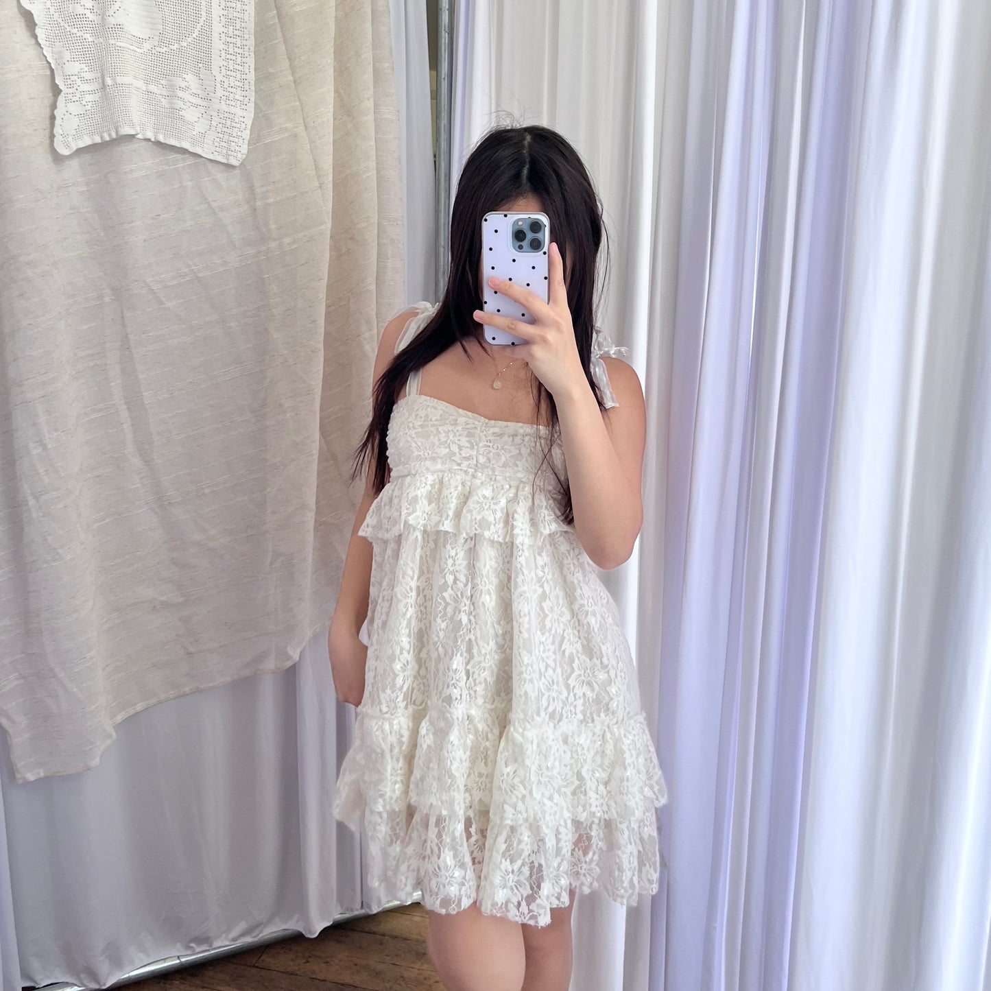 Coquette White Cream Miss Pumpkin Lacey Ruched Bust Puff Hem Mini Dress