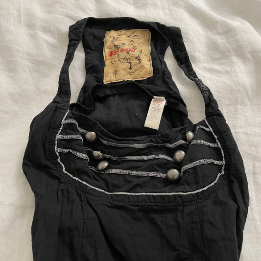 corpcore archival miss sixty black button flouncy midi dress with adjustable belt