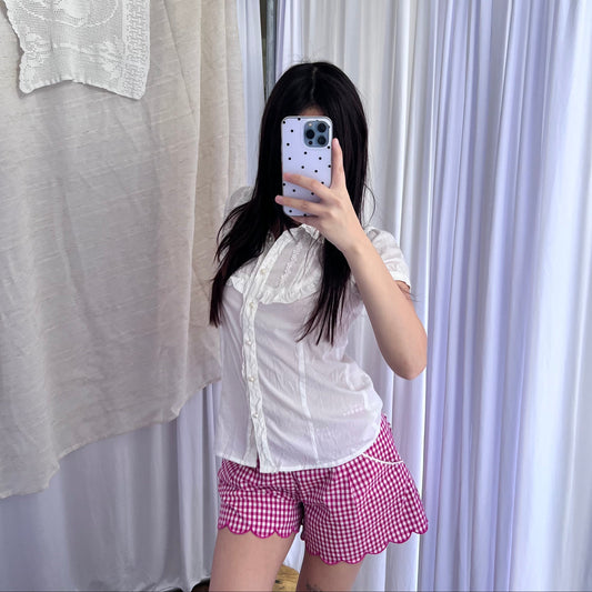 RF Coquette Cottage Fuschia Pink White Bow Gingham Scallop Lace High Waisted Shorts