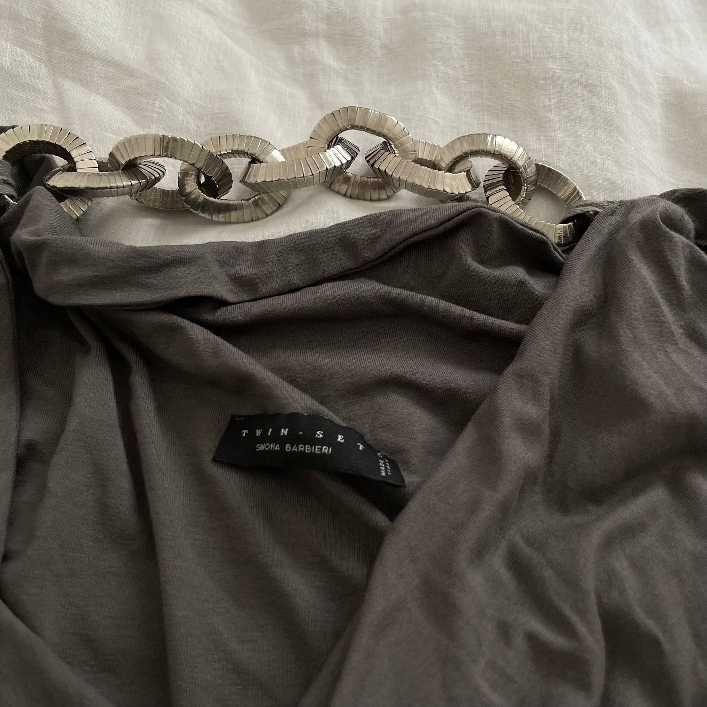 khaki grey twinset draped boho eurosummer metalwork chain detail mini dress