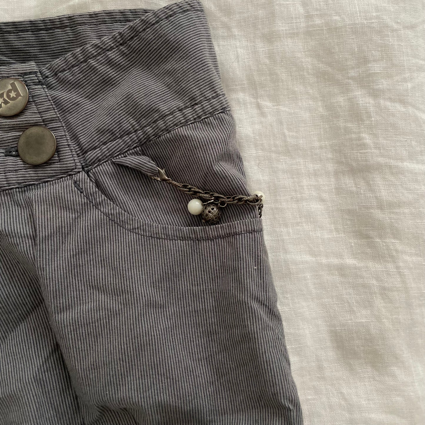 XDYE vintage puffy balloon sailor button grey blue striped mini shorts