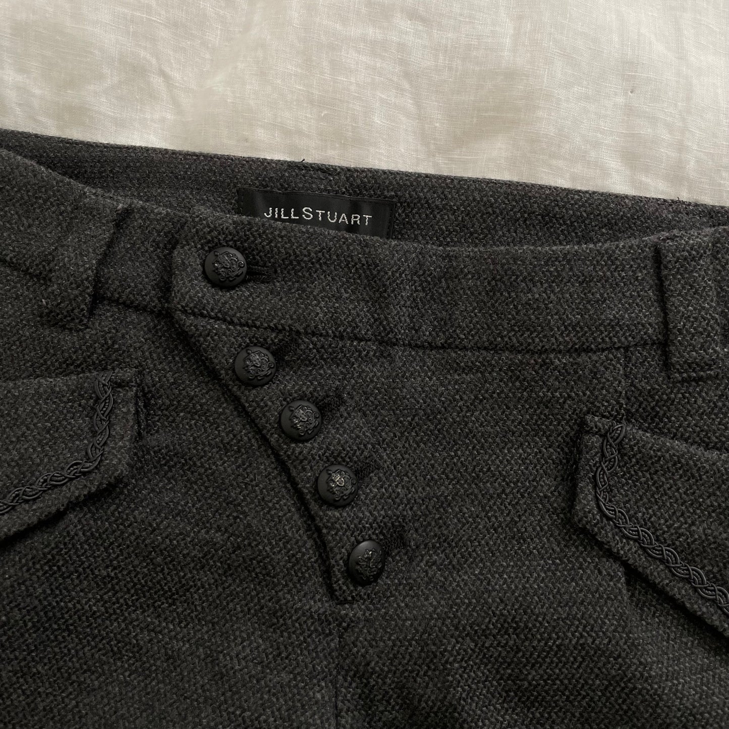 jill stuart grey corpcore utility asymmetrical button wool blend mini shorts
