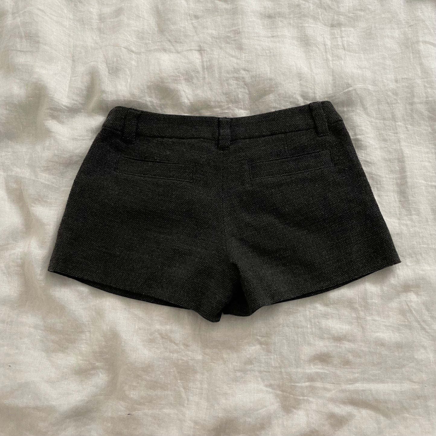 jill stuart grey corpcore utility asymmetrical button wool blend mini shorts