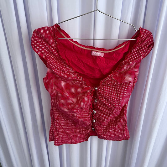 Coquette Vintage Red Tokyo Polka Dot French Cap Sleeve Round Button Ruched Blouse