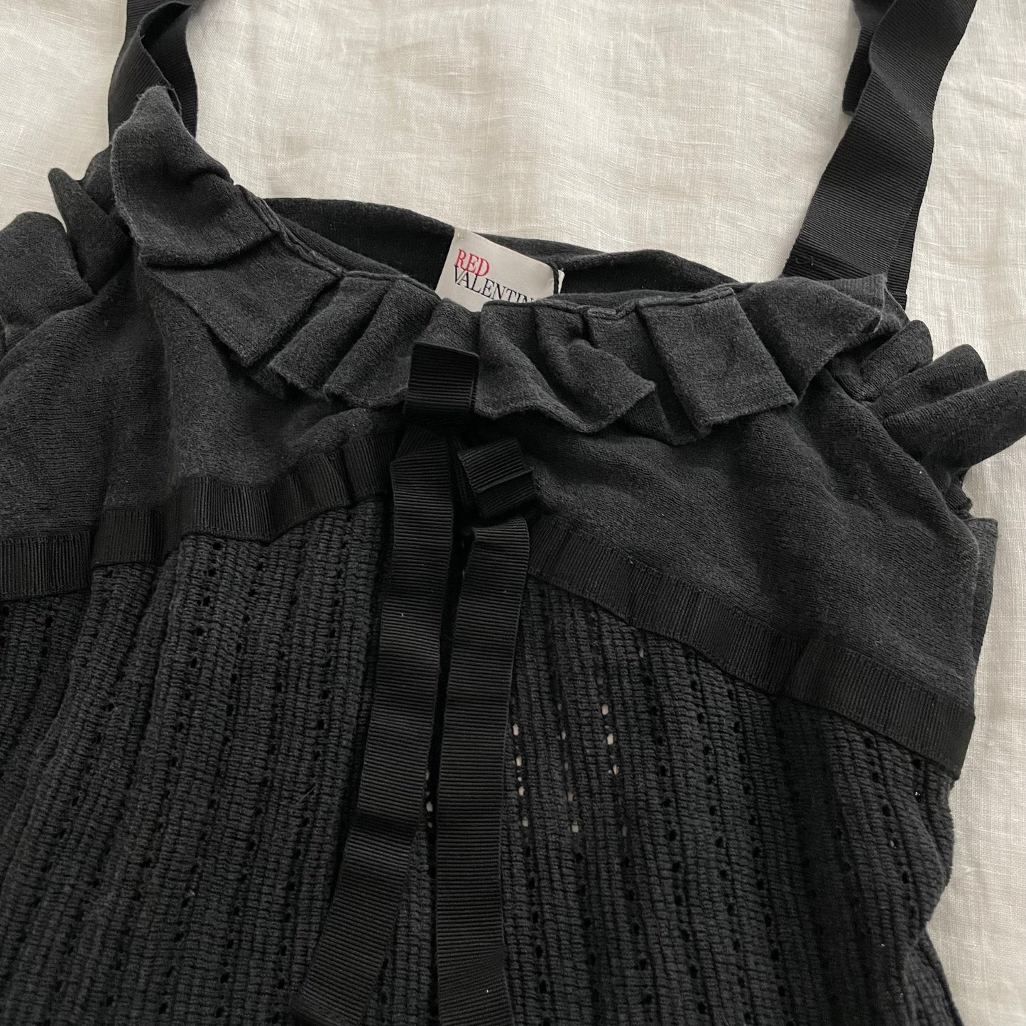 romantic balletcore red valentino knit ruffle hem ribbon knit camisole
