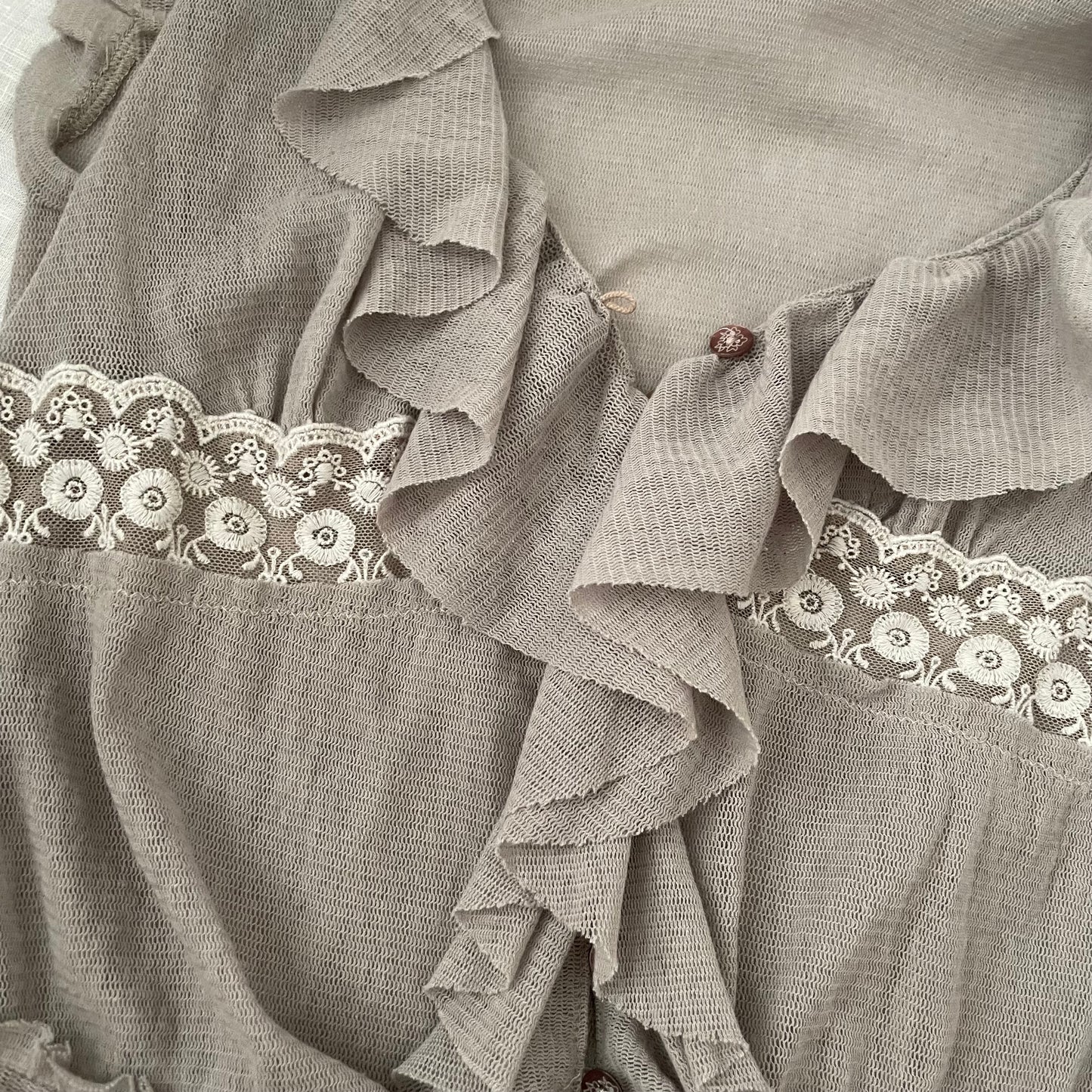 kookai greige ruffle vest blouse with embroidery lace and adjustable hem ribbon