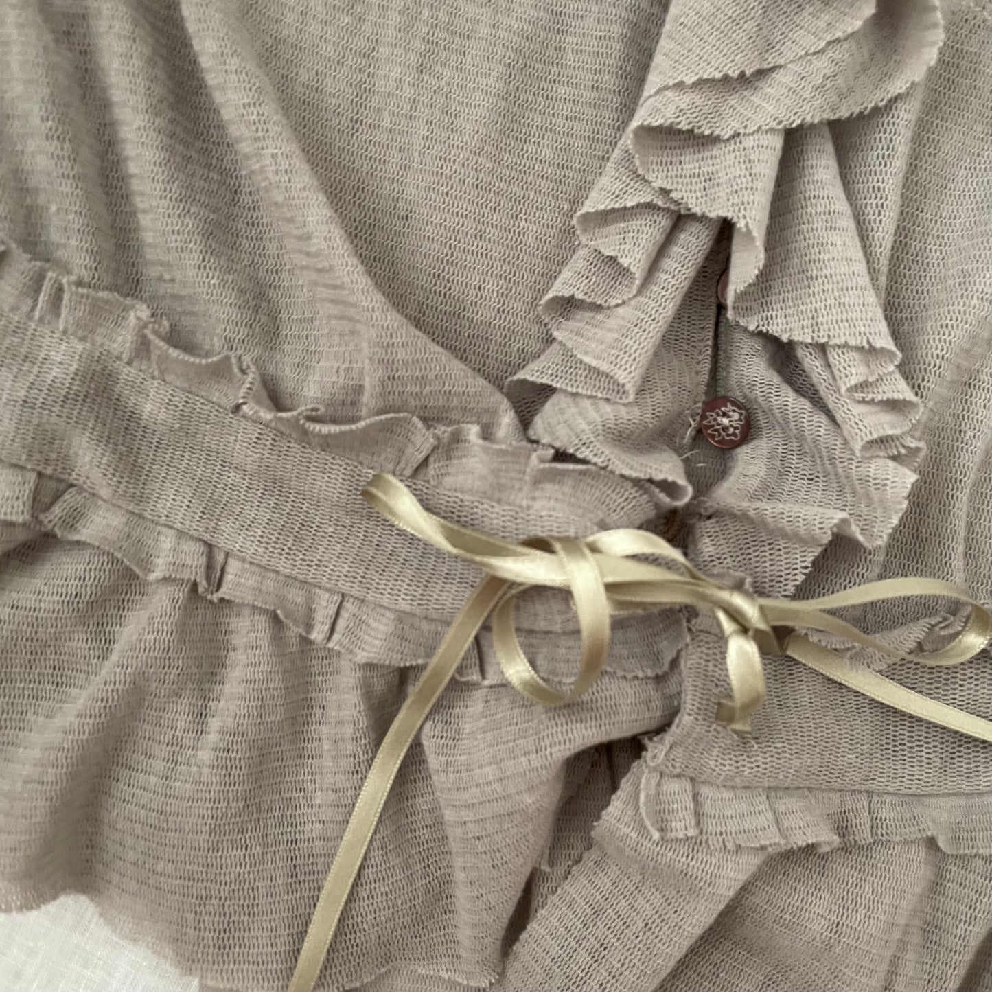 kookai greige ruffle vest blouse with embroidery lace and adjustable hem ribbon