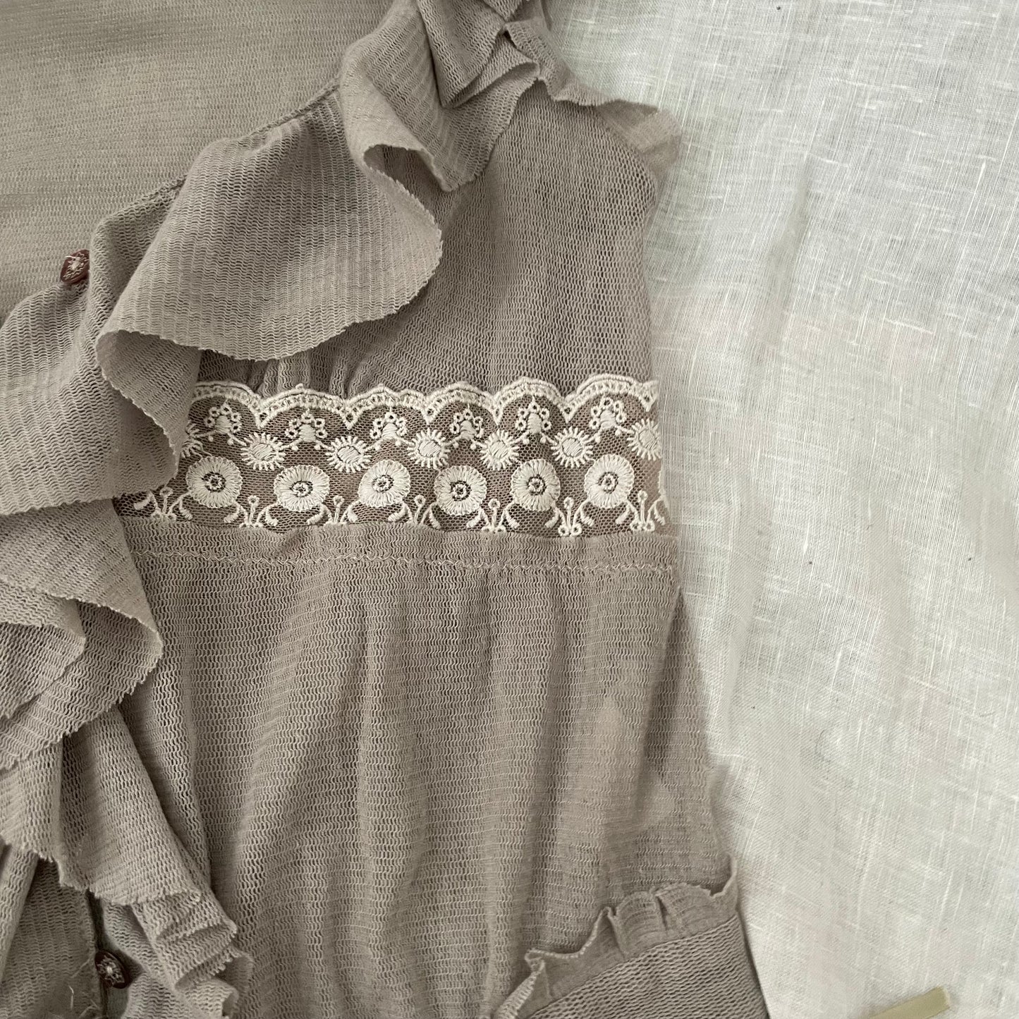 kookai greige ruffle vest blouse with embroidery lace and adjustable hem ribbon
