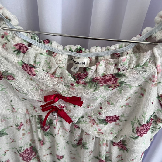 Coquette Floral White Ruched Glacier Cottage Puff Sleeve Babydoll Tunic Blouse