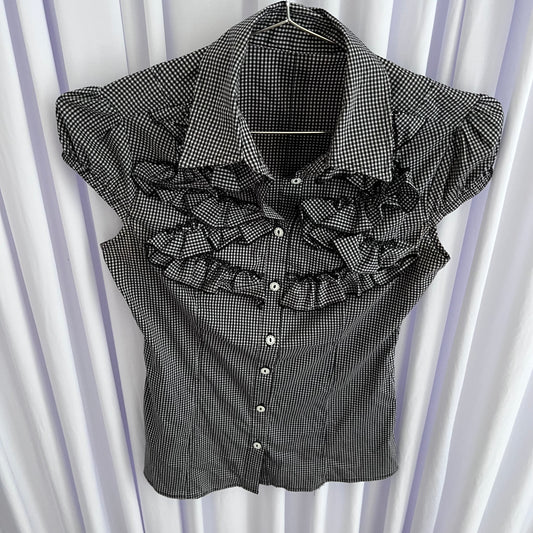 Vintage Preppy Dark Coquette Puff Sleeve Black Gingham Check Ruffle Blouse