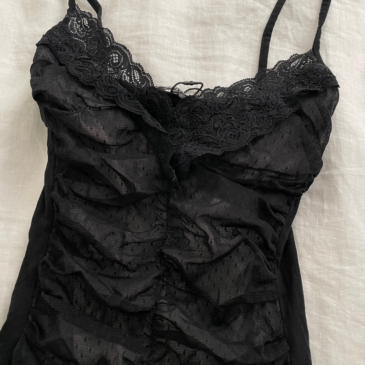 morgan de toi coquette romantic ruched polka dot tulle layered lace trim camisole