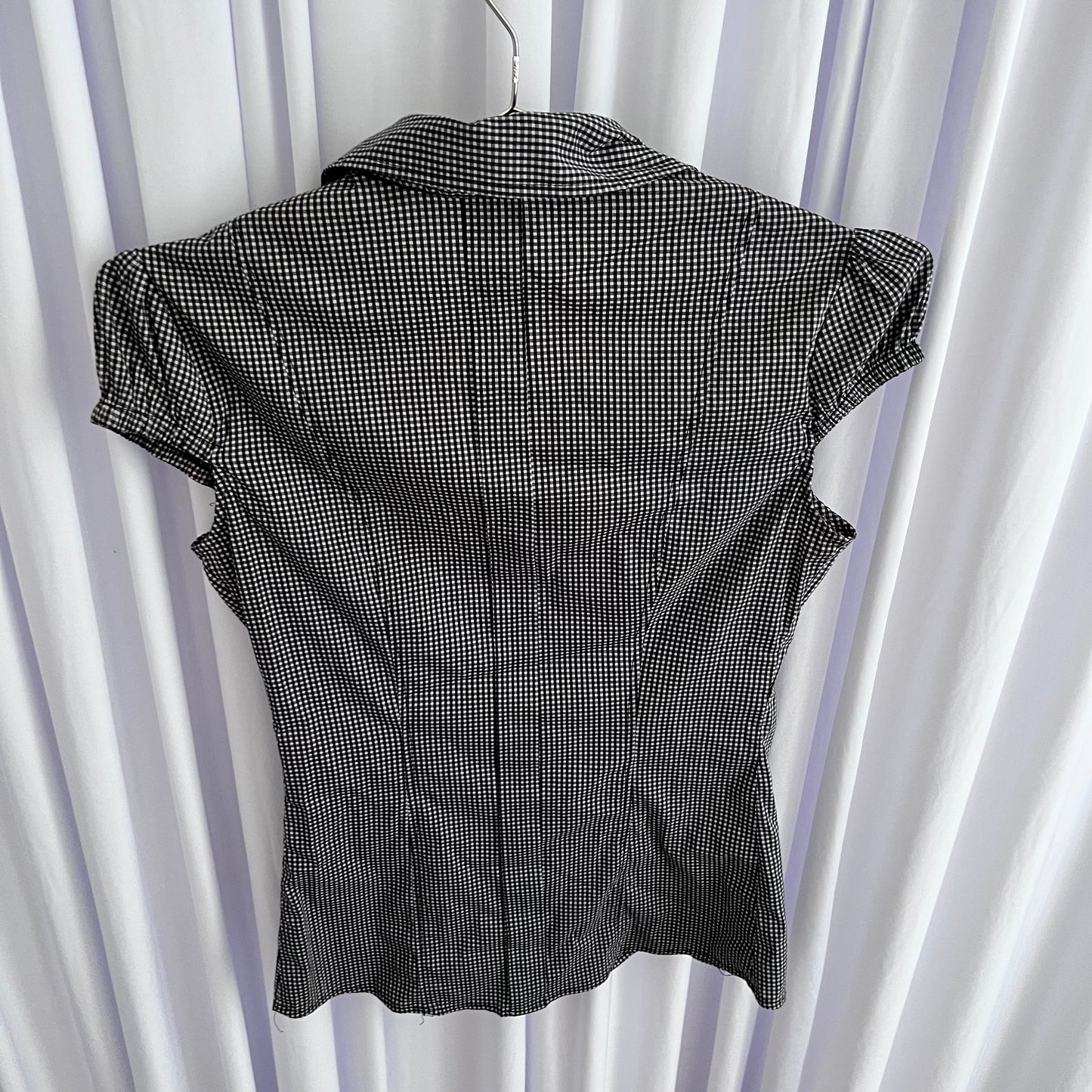 Vintage Preppy Dark Coquette Puff Sleeve Black Gingham Check Ruffle Blouse
