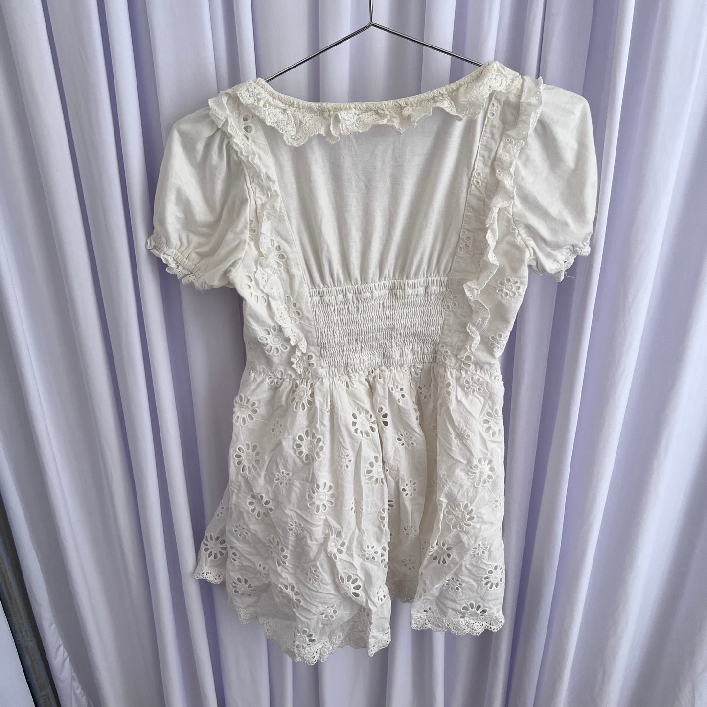 Liz Lisa Coquette Cottage White Puff Sleeve Broderie Anglaise Cinched Waist Babydoll Ruffle Blouson