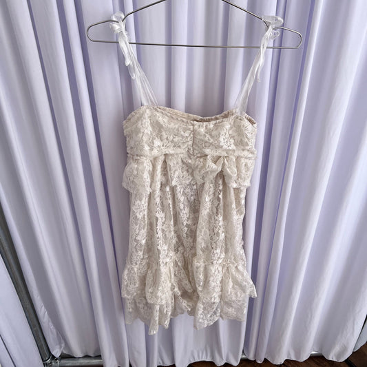 Coquette White Cream Miss Pumpkin Lacey Ruched Bust Puff Hem Mini Dress