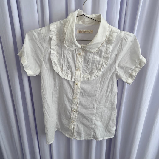 Ank Rouge White Dainty Coquette Cottage Puff Sleeve Pearl Button Frill Milkmaid Blouse
